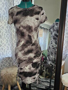 Common Stitch Grey & Charcoal Tie‑Dye Ruched T‑Shirt Dress – Size S – NWT